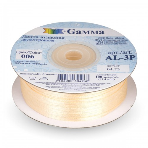 Лента атласная 3 мм ( 1/8 ")  "Gamma"   AL-3P   двухстор.   91.4 м №006 св.персиковый