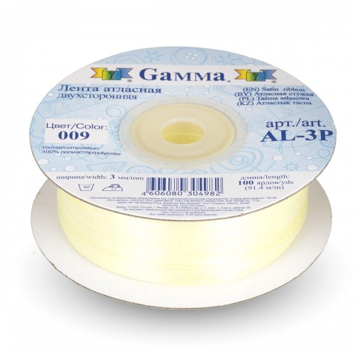 Лента атласная 3 мм ( 1/8 ")  "Gamma"   AL-3P   двухстор.   91.4 м №009 св.желтый