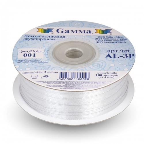 Лента атласная 3 мм ( 1/8 ")  "Gamma"   AL-3P   двухстор.   91.4 м  №001 белый