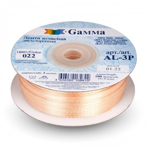 Лента атласная 3 мм ( 1/8 ")  "Gamma"   AL-3P   двухстор.   91.4 м №022 бежевый