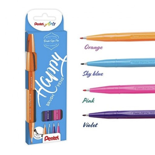 "Pentel"   Набор брашпенов Pentel Brush Pens Happy, 4 шт., разные цвета чернил.   от 0.2 мм   4 цв.  кисть SES15-4COL