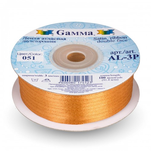 Лента атласная 3 мм ( 1/8 ")  "Gamma"   AL-3P   двухстор.   91.4 м №051 св-коричневый