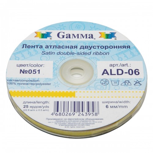 Лента атласная 6 мм ( 1/4 ")  "Gamma"   ALD-06   двухстор.   22.8 м ± 0.5 м №051 яр.желтый/белый
