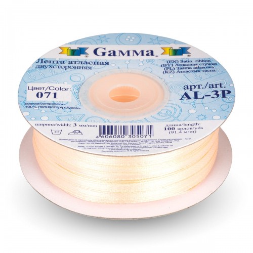 Лента атласная 3 мм ( 1/8 ")  "Gamma"   AL-3P   двухстор.   91.4 м №071 св.кремовый