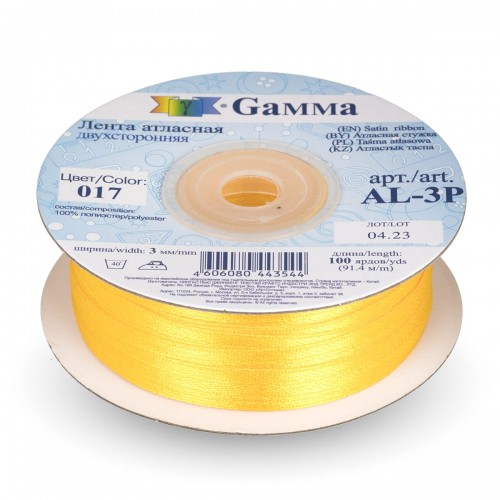 Лента атласная 3 мм ( 1/8 ")  "Gamma"   AL-3P   двухстор.   91.4 м №017 т.желтый