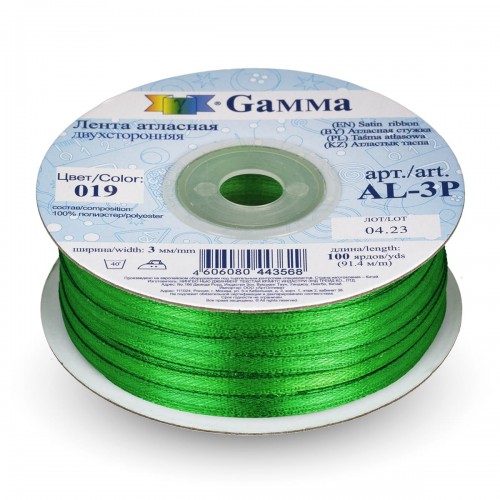 Лента атласная 3 мм ( 1/8 ")  "Gamma"   AL-3P   двухстор.   91.4 м №019 зеленый