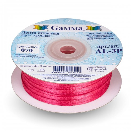 Лента атласная 3 мм ( 1/8 ")  "Gamma"   AL-3P   двухстор.   91.4 м №070 т.розовый