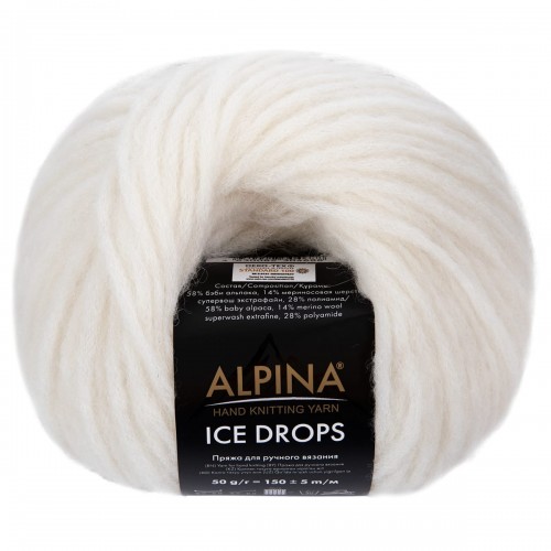 Пряжа ALPINA "ICE DROPS"   58\% альпака, 14\% шерсть, 28\% полиамид   10 шт. х  50 г  150 м ± 5 м №01 молочный