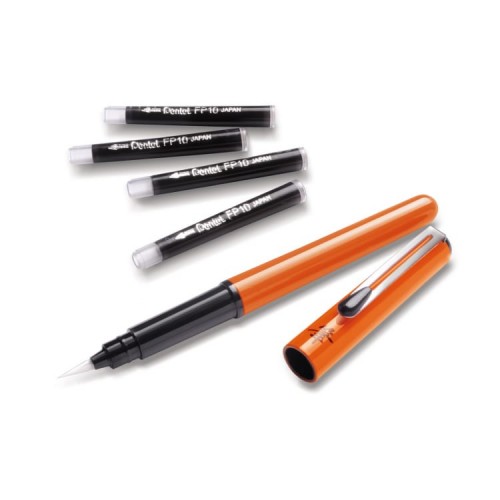 "Pentel"   Ручка-кисть для каллиграфии Pocket Brush Pen, черные чернила GFKPF-AX оранжевый корпус, черные чернила