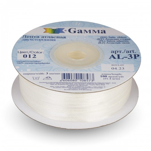 Лента атласная 3 мм ( 1/8 ")  "Gamma"   AL-3P   двухстор.   91.4 м №012 бл.голубой