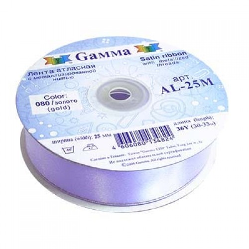 Лента атласная 25 мм  "Gamma"   AL-25M   двухстор. с металл. нитью   33 м ± 2 м №002 бл.розовый/серебро
