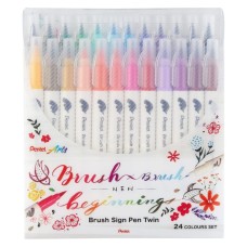 "Pentel"   Набор 2-х сторонних брашпенов Pentel Brush Sign Pen Twin в пластиковой упак.   2.9 мм   24 цв.  пулевидный SESW30C-24