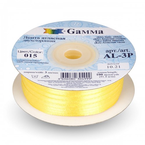 Лента атласная 3 мм ( 1/8 ")  "Gamma"   AL-3P   двухстор.   91.4 м №015 желтый