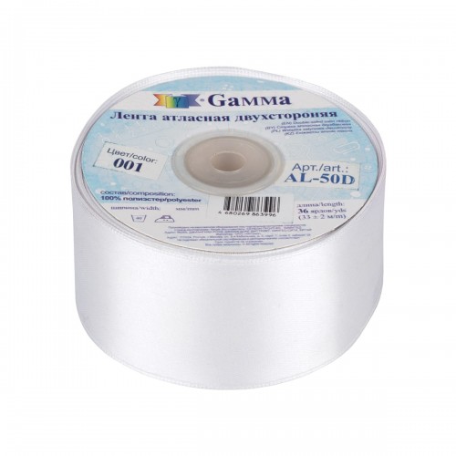 Лента атласная 50 мм ( 2 ")  "Gamma"   AL-50D   двухстор.   33 м ± 2 м  №001 белый
