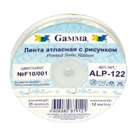 Лента атласная 12 мм ( 1/2 ")  "Gamma"   ALP-122   с рисунком   22.8 м ± 0.5 м P3/001 листочки/белый