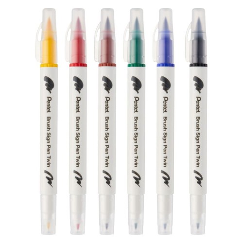 "Pentel"   Набор 2-х сторонних брашпенов Pentel Brush Sign Pen Twin в пластиковой упак.   2.9 мм   6 цв.  пулевидный SESW30C-6
