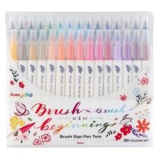 "Pentel"   Набор 2-х сторонних брашпенов Pentel Brush Sign Pen Twin в пластиковой упак.   2.9 мм   30 цв.  пулевидный SESW30C-30