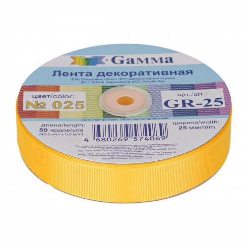 "Gamma"   репсовая лента   GR-25   25 мм  1 "  45.5 м №025 т.желтый
