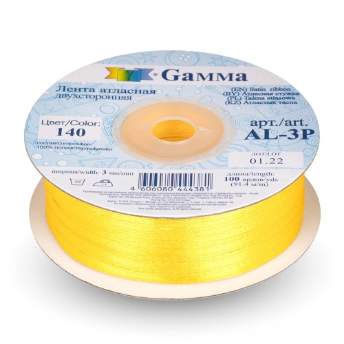 Лента атласная 3 мм ( 1/8 ")  "Gamma"   AL-3P   двухстор.   91.4 м №140 т.желтый