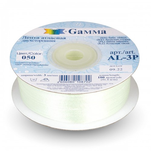 Лента атласная 3 мм ( 1/8 ")  "Gamma"   AL-3P   двухстор.   91.4 м №050 мятный