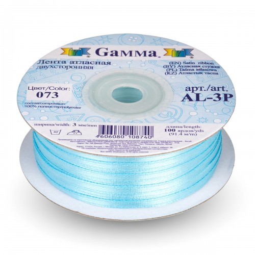 Лента атласная 3 мм ( 1/8 ")  "Gamma"   AL-3P   двухстор.   91.4 м №073 бл.синий