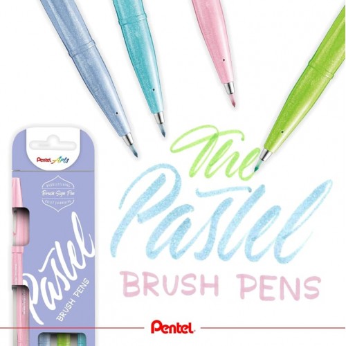 "Pentel"   Набор брашпенов Pentel Brush Pens Pastel, 4 шт., разные цвета чернил   от 0.2 мм   4 цв.  кисть SES15P-4