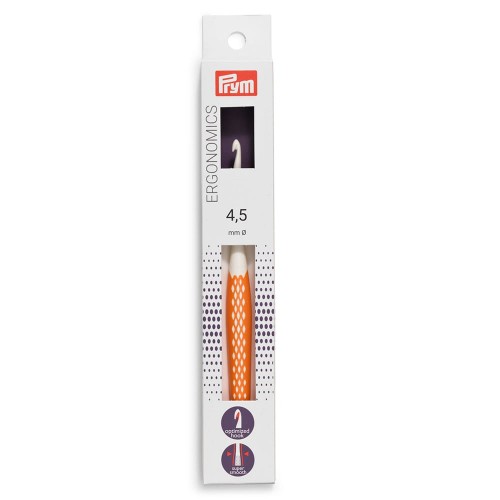 Для вязания "PRYM"   218486   крючок для вязания Ergonomics   пластик  d 4.5 мм  16 см  в картонной упаковке оранжевый